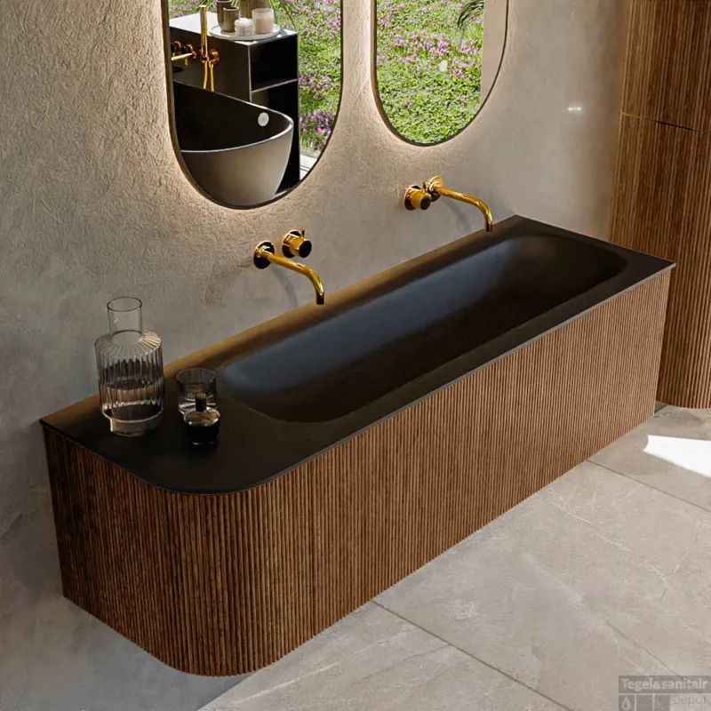 Superprijs Mondiaz KURVE 145 cm Onderkast Greeploos 1 Lade Met Deuren Walnut, Wastafel Solid Surface Rechts Urban 0 Kraangaten Zonder Spiegel (KRVBGL145L1L1D0KR-Wal/Urb)