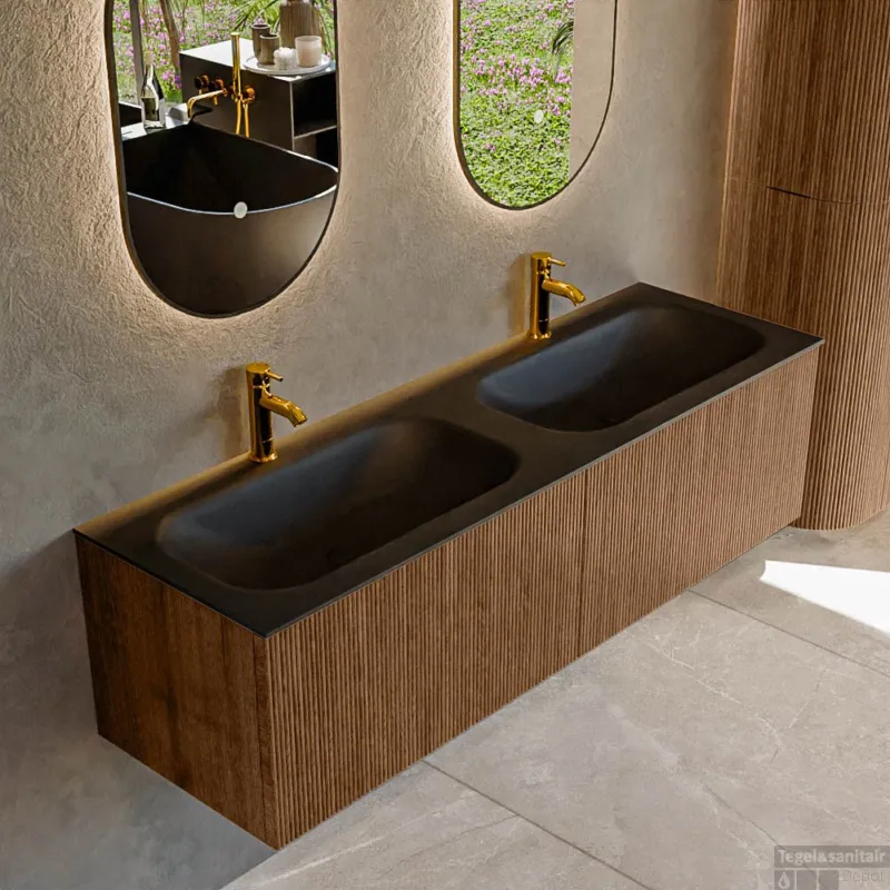 Mondiaz KURVE 150 cm Onderkast Greeploos 2 Lades Zonder Deuren Walnut, Wastafel Solid Surface Dubbel Urban 2 Kraangaten Zonder Spiegel (KRVBGS1502L0D2KD-Wal/Urb) Flitsaanbieding