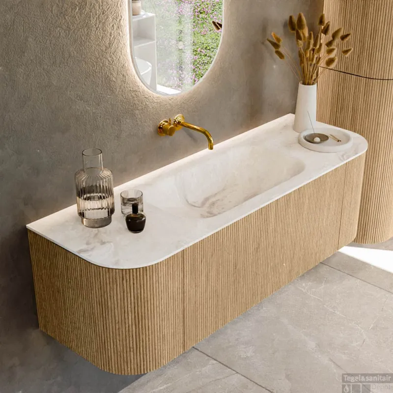 Mondiaz KURVE-DLUX 140 cm Onderkast Greeploos 1 Lade Met Deuren Oak, Wastafel Solid Surface Midden Frappe 0 Kraangaten Zonder Spiegel (KRVBGS140L+R1L2D0KM-Oak/Fra) Nu Kopen