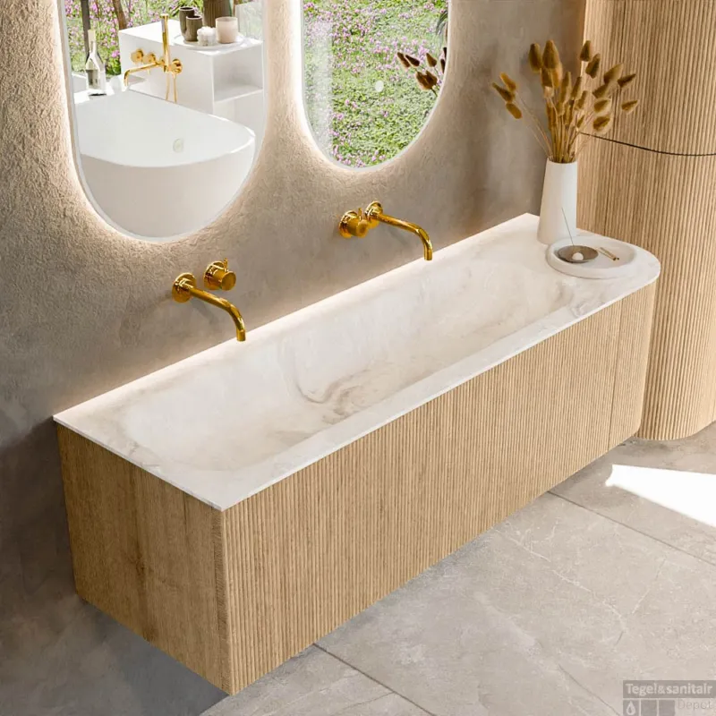 Mondiaz KURVE-DLUX 145 cm Onderkast Greeploos 1 Lade Met Deuren Oak, Wastafel Solid Surface Links Frappe 0 Kraangaten Zonder Spiegel (KRVBGL145R1L1D0KL-Oak/Fra) Seizoensaanbieding