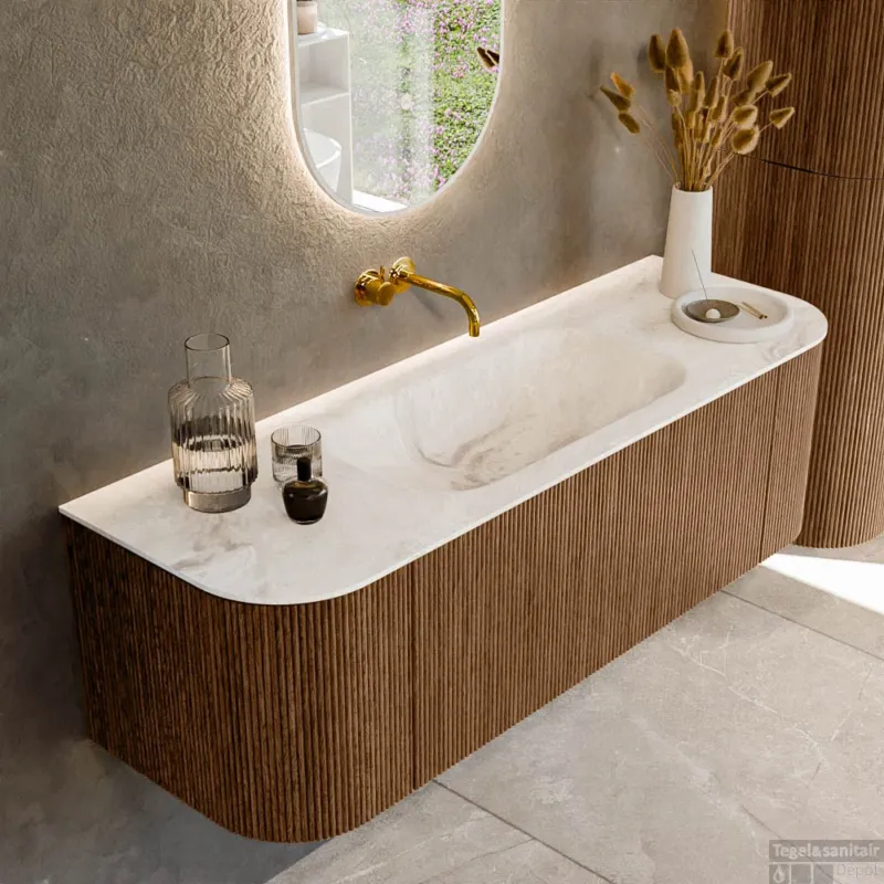 Mondiaz KURVE-DLUX 140 cm Onderkast Greeploos 1 Lade Met Deuren Walnut, Wastafel Solid Surface Midden Frappe 0 Kraangaten Zonder Spiegel (KRVBGS140L+R1L2D0KM-Wal/Fra) Koop Vandaag