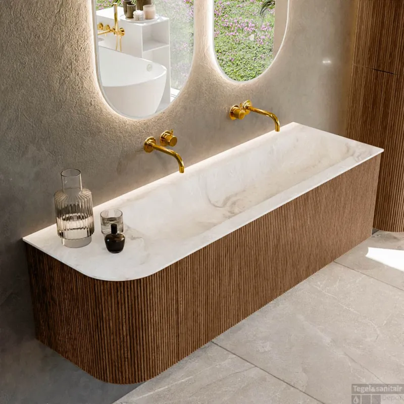 Mondiaz KURVE-DLUX 145 cm Onderkast Greeploos 1 Lade Met Deuren Walnut, Wastafel Solid Surface Rechts Frappe 0 Kraangaten Zonder Spiegel (KRVBGL145L1L1D0KR-Wal/Fra) Dagaanbieding