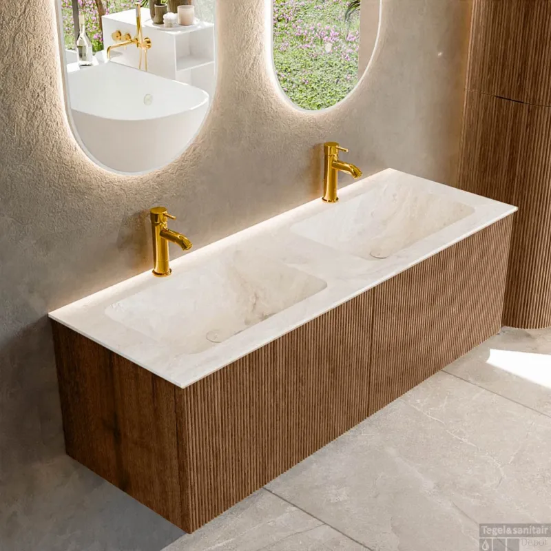 Mondiaz KURVE-DLUX 130 cm Onderkast Greeploos 2 Lades Zonder Deuren Walnut, Wastafel Solid Surface Dubbel Frappe 2 Kraangaten Zonder Spiegel (KRVLEA1302L0D2KD-Wal/Fra) Shop Nu
