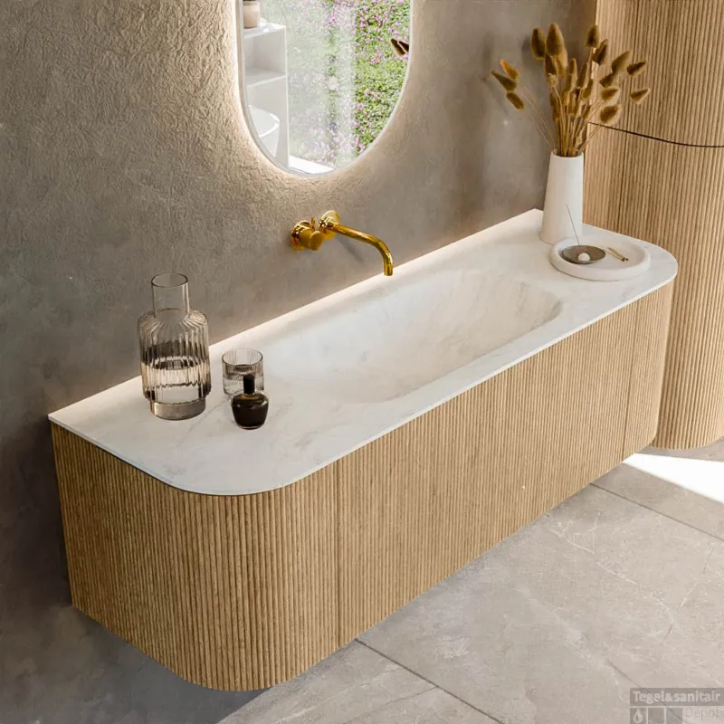 Meest Verkocht Mondiaz KURVE-DLUX 140 cm Onderkast Greeploos 1 Lade Met Deuren Oak, Wastafel Solid Surface Midden Opalo 0 Kraangaten Zonder Spiegel (KRVBGS140L+R1L2D0KM-Oak/Opa)