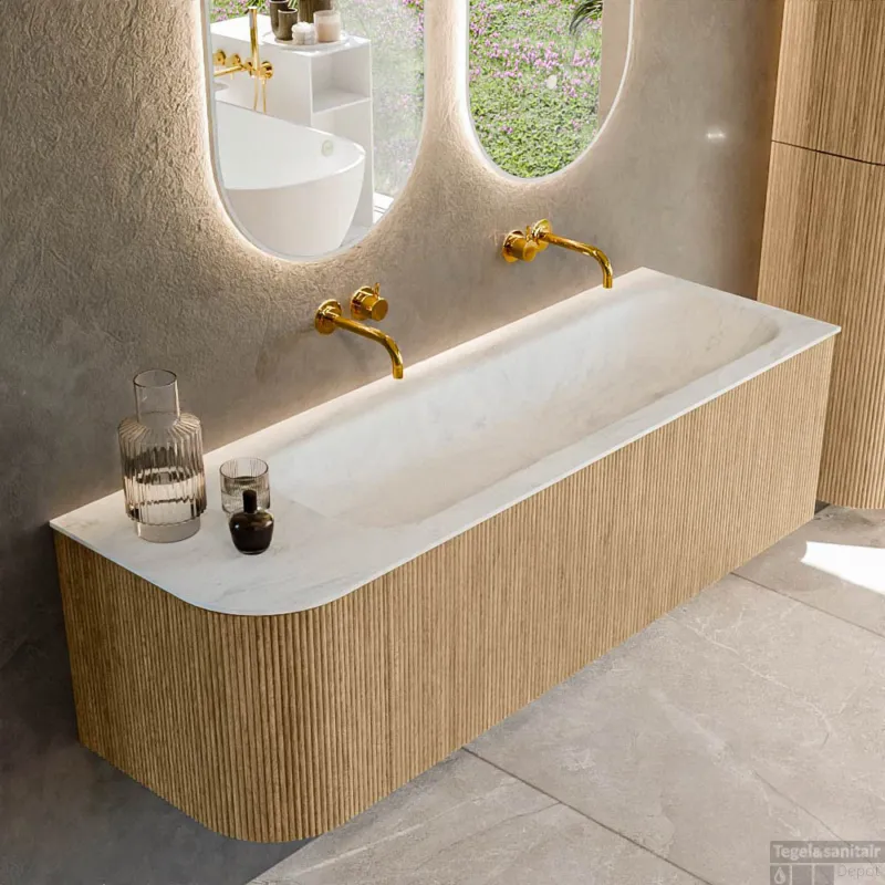 Veilige Betaling Mondiaz KURVE-DLUX 145 cm Onderkast Greeploos 1 Lade Met Deuren Oak, Wastafel Solid Surface Rechts Opalo 0 Kraangaten Zonder Spiegel (KRVBGL145L1L1D0KR-Oak/Opa)