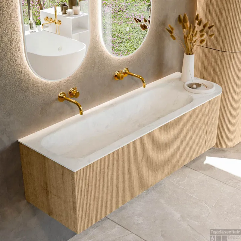 Direct Beschikbaar Mondiaz KURVE-DLUX 145 cm Onderkast Greeploos 1 Lade Met Deuren Oak, Wastafel Solid Surface Links Opalo 0 Kraangaten Zonder Spiegel (KRVBGL145R1L1D0KL-Oak/Opa)