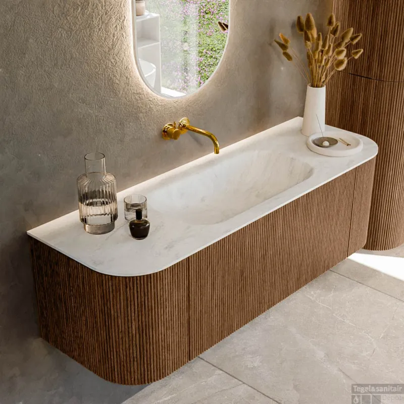 Nieuw Mondiaz KURVE-DLUX 140 cm Onderkast Greeploos 1 Lade Met Deuren Walnut, Wastafel Solid Surface Midden Opalo 0 Kraangaten Zonder Spiegel (KRVBGS140L+R1L2D0KM-Wal/Opa)