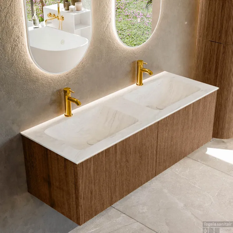 Gereduceerde Prijs Mondiaz KURVE-DLUX 130 cm Onderkast Greeploos 2 Lades Zonder Deuren Walnut, Wastafel Solid Surface Dubbel Opalo 2 Kraangaten Zonder Spiegel (KRVLEA1302L0D2KD-Wal/Opa)