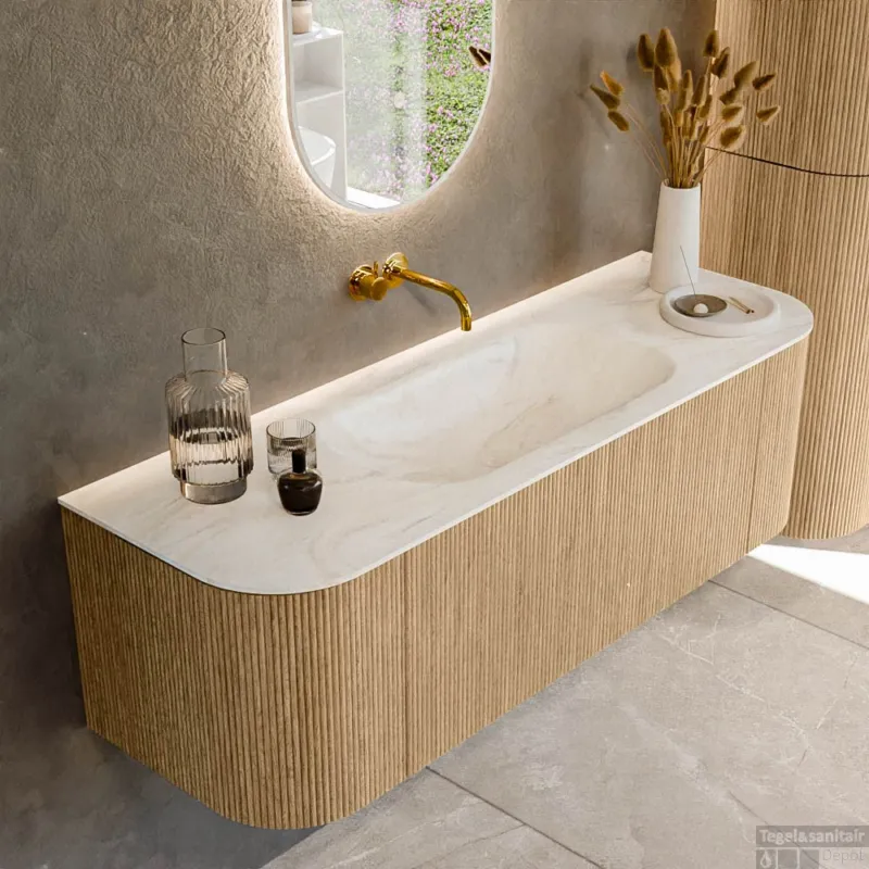 Mondiaz KURVE-DLUX 140 cm Onderkast Greeploos 1 Lade Met Deuren Oak, Wastafel Solid Surface Midden Ostra 0 Kraangaten Zonder Spiegel (KRVBGS140L+R1L2D0KM-Oak/Ost) Alleen Vandaag