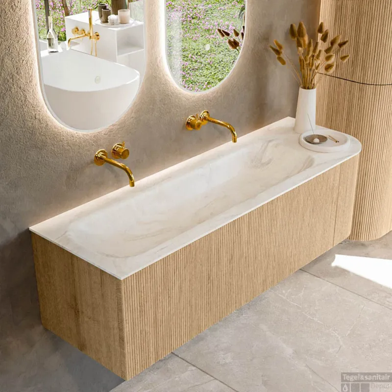 Op = Op Mondiaz KURVE-DLUX 145 cm Onderkast Greeploos 1 Lade Met Deuren Oak, Wastafel Solid Surface Links Ostra 0 Kraangaten Zonder Spiegel (KRVBGL145R1L1D0KL-Oak/Ost)