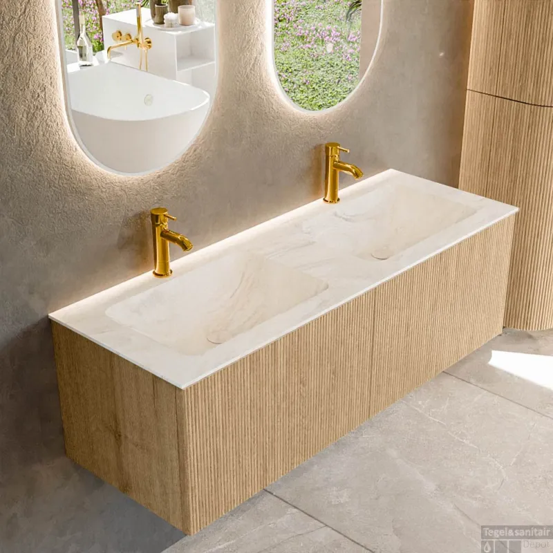 Fabrieksprijs Mondiaz KURVE-DLUX 130 cm Onderkast Greeploos 2 Lades Zonder Deuren Oak, Wastafel Solid Surface Dubbel Ostra 2 Kraangaten Zonder Spiegel (KRVLEA1302L0D2KD-Oak/Ost)