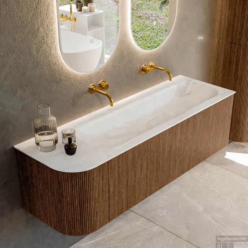 Actieprijs Mondiaz KURVE-DLUX 145 cm Onderkast Greeploos 1 Lade Met Deuren Walnut, Wastafel Solid Surface Rechts Ostra 0 Kraangaten Zonder Spiegel (KRVBGL145L1L1D0KR-Wal/Ost)