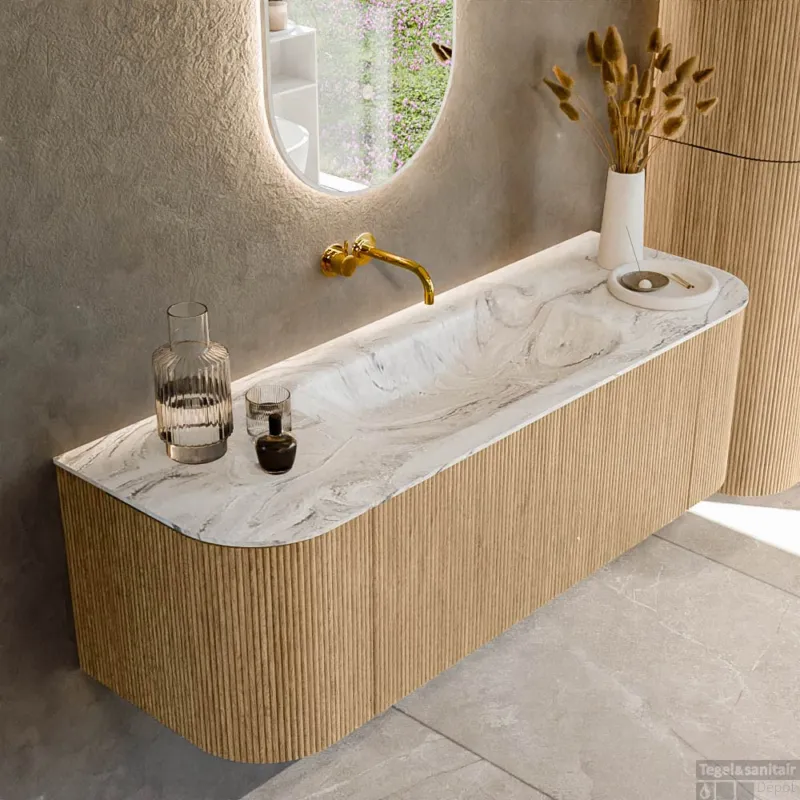Mondiaz KURVE-DLUX 140 cm Onderkast Greeploos 1 Lade Met Deuren Oak, Wastafel Solid Surface Midden Glace 0 Kraangaten Zonder Spiegel (KRVBGS140L+R1L2D0KM-Oak/Gla) Bestseller