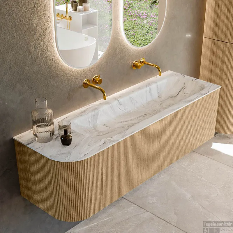 Mondiaz KURVE-DLUX 145 cm Onderkast Greeploos 1 Lade Met Deuren Oak, Wastafel Solid Surface Rechts Glace 0 Kraangaten Zonder Spiegel (KRVBGL145L1L1D0KR-Oak/Gla) Bestseller