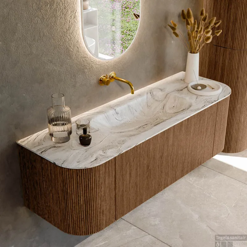 Mondiaz KURVE-DLUX 140 cm Onderkast Greeploos 1 Lade Met Deuren Walnut, Wastafel Solid Surface Midden Glace 0 Kraangaten Zonder Spiegel (KRVBGS140L+R1L2D0KM-Wal/Gla) Hete Deal