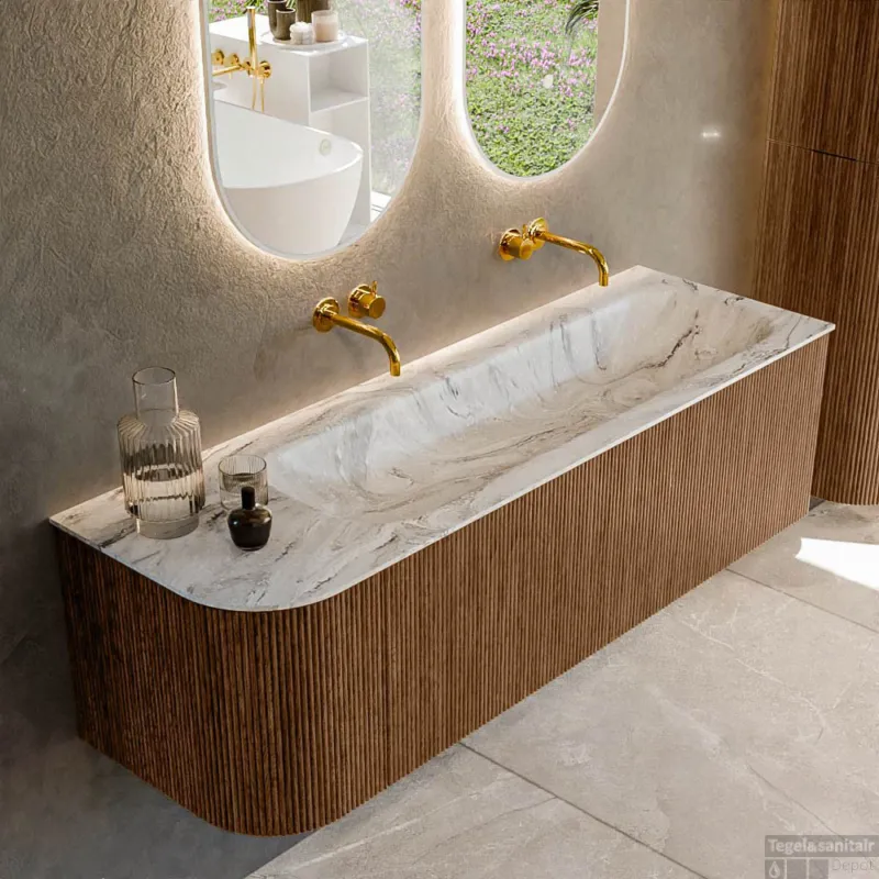 Finale Uitverkoop Mondiaz KURVE-DLUX 145 cm Onderkast Greeploos 1 Lade Met Deuren Walnut, Wastafel Solid Surface Rechts Glace 0 Kraangaten Zonder Spiegel (KRVBGL145L1L1D0KR-Wal/Gla)
