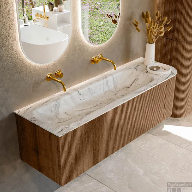Mondiaz KURVE-DLUX 145 cm Onderkast Greeploos 1 Lade Met Deuren Walnut, Wastafel Solid Surface Links Glace 0 Kraangaten Zonder Spiegel (KRVBGL145R1L1D0KL-Wal/Gla) Gereduceerde Prijs