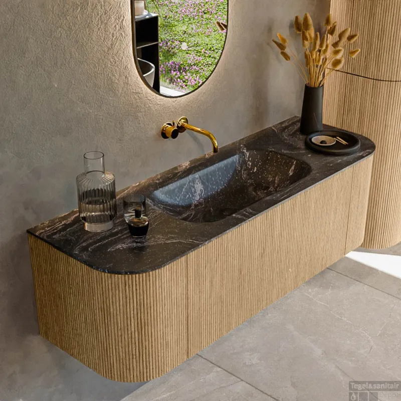 Populair Mondiaz KURVE-DLUX 140 cm Onderkast Greeploos 1 Lade Met Deuren Oak, Wastafel Solid Surface Midden Lava 0 Kraangaten Zonder Spiegel (KRVBGS140L+R1L2D0KM-Oak/Lav)