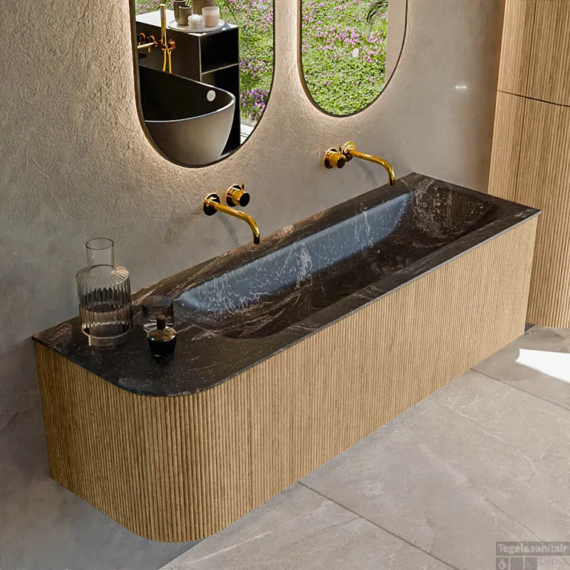 Gereduceerde Prijs Mondiaz KURVE-DLUX 145 cm Onderkast Greeploos 1 Lade Met Deuren Oak, Wastafel Solid Surface Rechts Lava 0 Kraangaten Zonder Spiegel (KRVBGL145L1L1D0KR-Oak/Lav)