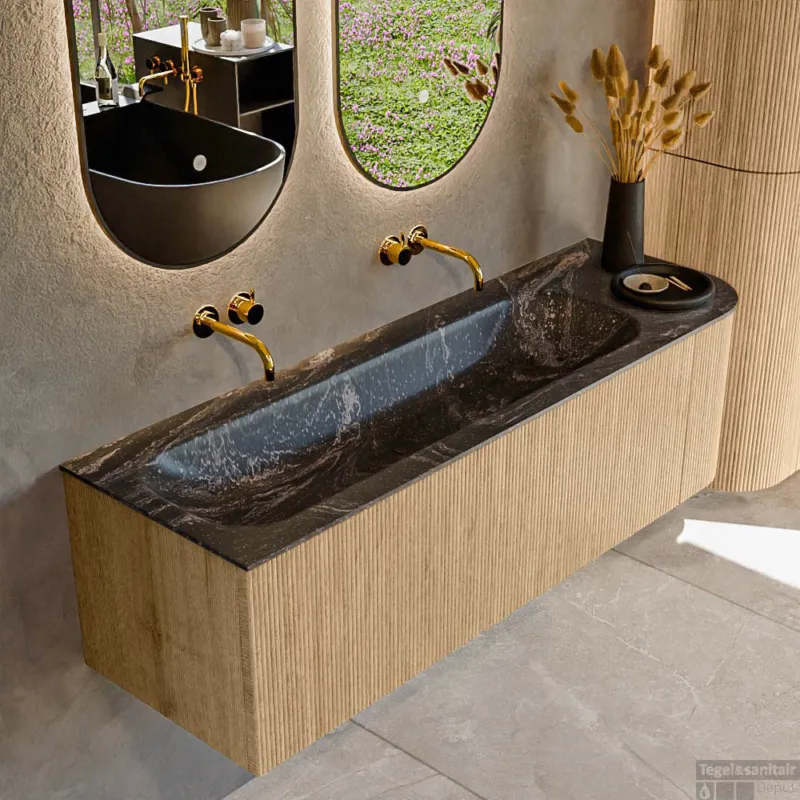 Nu Kopen Mondiaz KURVE-DLUX 145 cm Onderkast Greeploos 1 Lade Met Deuren Oak, Wastafel Solid Surface Links Lava 0 Kraangaten Zonder Spiegel (KRVBGL145R1L1D0KL-Oak/Lav)