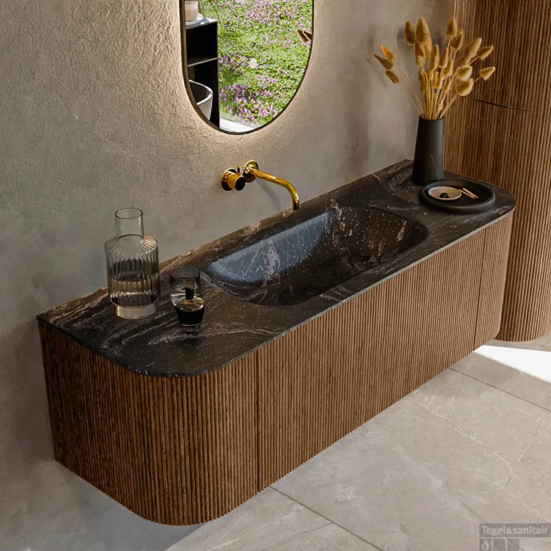 Dagaanbieding Mondiaz KURVE-DLUX 140 cm Onderkast Greeploos 1 Lade Met Deuren Walnut, Wastafel Solid Surface Midden Lava 0 Kraangaten Zonder Spiegel (KRVBGS140L+R1L2D0KM-Wal/Lav)
