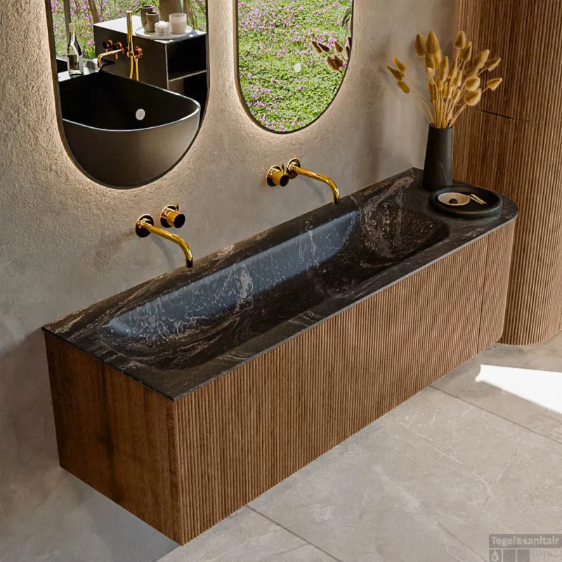 Aanbieding Mondiaz KURVE-DLUX 145 cm Onderkast Greeploos 1 Lade Met Deuren Walnut, Wastafel Solid Surface Links Lava 0 Kraangaten Zonder Spiegel (KRVBGL145R1L1D0KL-Wal/Lav)