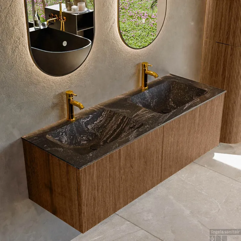 Korting Mondiaz KURVE-DLUX 130 cm Onderkast Greeploos 2 Lades Zonder Deuren Walnut, Wastafel Solid Surface Dubbel Lava 2 Kraangaten Zonder Spiegel (KRVLEA1302L0D2KD-Wal/Lav)