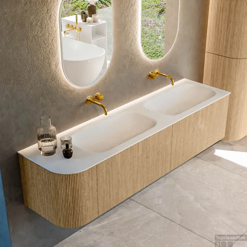 Mondiaz KURVE 175 cm Onderkast Greeploos 2 Lades Met Deuren Oak, Wastafel Solid Surface Rechts Talc 0 Kraangaten Zonder Spiegel (KRVBGS175L2L1D0KD-Oak/Tal) Bestel Nu