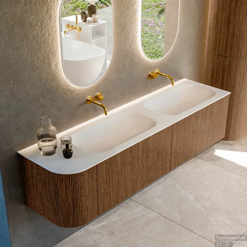 Mondiaz KURVE 175 cm Onderkast Greeploos 2 Lades Met Deuren Walnut, Wastafel Solid Surface Rechts Talc 0 Kraangaten Zonder Spiegel (KRVBGS175L2L1D0KD-Wal/Tal) Meest Verkocht