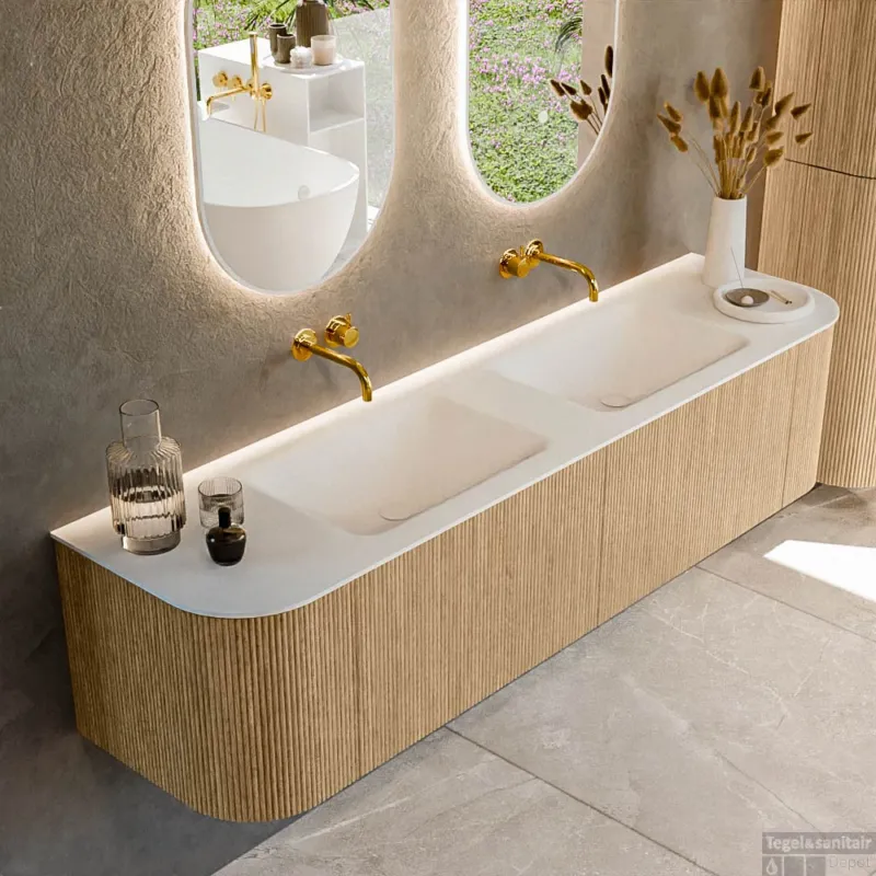 Merkproduct Mondiaz KURVE 180 cm Onderkast Greeploos 2 Lades Met Deuren Oak, Wastafel Solid Surface Dubbel Talc 0 Kraangaten Zonder Spiegel (KRVCLO180L+R2L2D0KD-Oak/Tal)