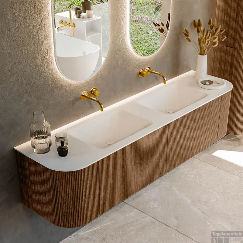 Merkproduct Mondiaz KURVE 180 cm Onderkast Greeploos 2 Lades Met Deuren Walnut, Wastafel Solid Surface Dubbel Talc 0 Kraangaten Zonder Spiegel (KRVCLO180L+R2L2D0KD-Wal/Tal)