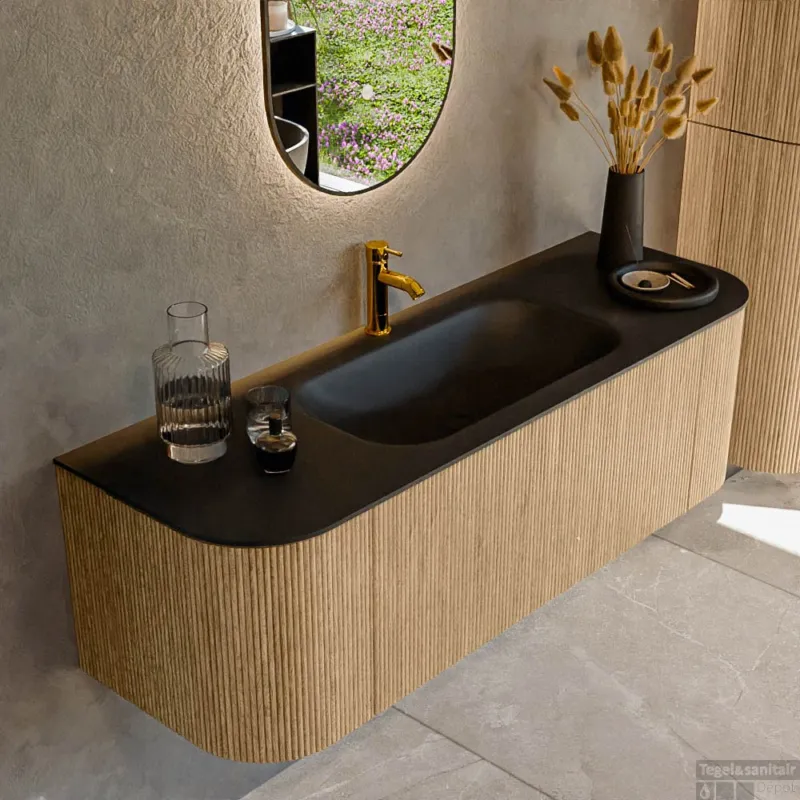 Mondiaz KURVE 140 cm Onderkast Greeploos 1 Lade Met Deuren Oak, Wastafel Solid Surface Midden Urban 1 Kraangat Zonder Spiegel (KRVBGS140L+R1L2D1KM-Oak/Urb) Weekendaanbieding