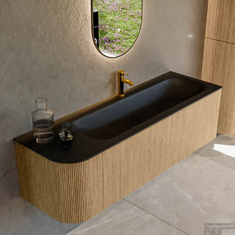 Mondiaz KURVE 145 cm Onderkast Greeploos 1 Lade Met Deuren Oak, Wastafel Solid Surface Rechts Urban 1 Kraangat Zonder Spiegel (KRVBGL145L1L1D1KR-Oak/Urb) Hete Deal