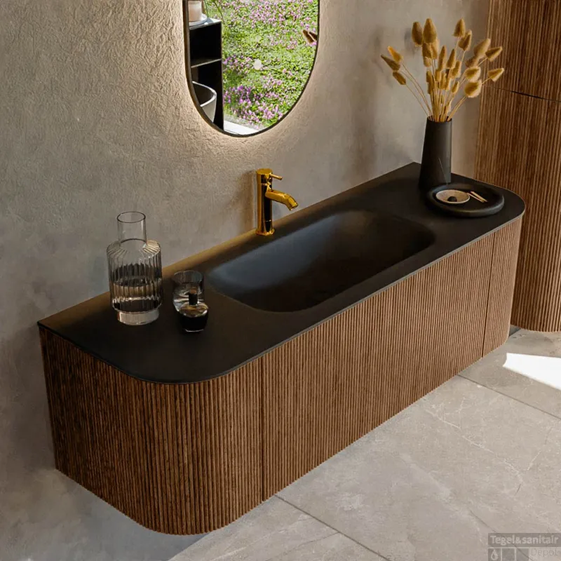 Direct Beschikbaar Mondiaz KURVE 140 cm Onderkast Greeploos 1 Lade Met Deuren Walnut, Wastafel Solid Surface Midden Urban 1 Kraangat Zonder Spiegel (KRVBGS140L+R1L2D1KM-Wal/Urb)