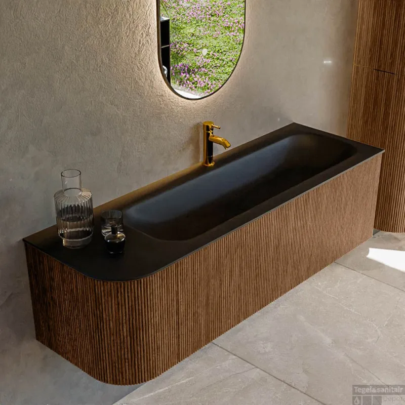 Korting Mondiaz KURVE 145 cm Onderkast Greeploos 1 Lade Met Deuren Walnut, Wastafel Solid Surface Rechts Urban 1 Kraangat Zonder Spiegel (KRVBGL145L1L1D1KR-Wal/Urb)