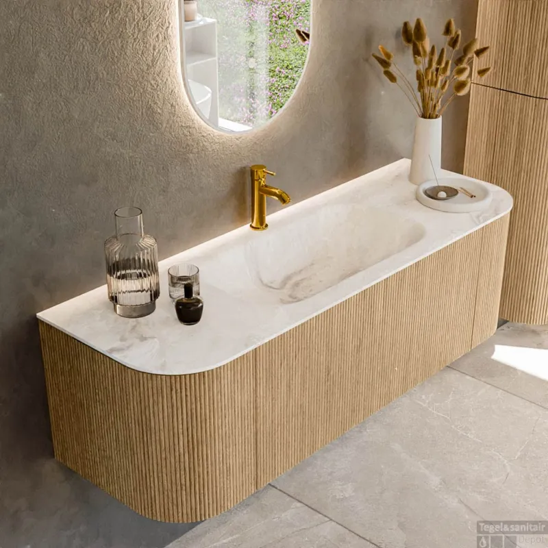 Mondiaz KURVE-DLUX 140 cm Onderkast Greeploos 1 Lade Met Deuren Oak, Wastafel Solid Surface Midden Frappe 1 Kraangat Zonder Spiegel (KRVBGS140L+R1L2D1KM-Oak/Fra) Must-Have