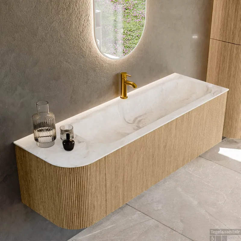 Mondiaz KURVE-DLUX 145 cm Onderkast Greeploos 1 Lade Met Deuren Oak, Wastafel Solid Surface Rechts Frappe 1 Kraangat Zonder Spiegel (KRVBGL145L1L1D1KR-Oak/Fra) Populair