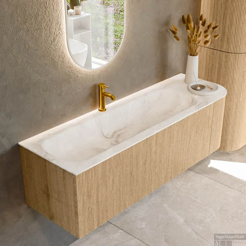 Beste Prijs Mondiaz KURVE-DLUX 145 cm Onderkast Greeploos 1 Lade Met Deuren Oak, Wastafel Solid Surface Links Frappe 1 Kraangat Zonder Spiegel (KRVBGL145R1L1D1KL-Oak/Fra)