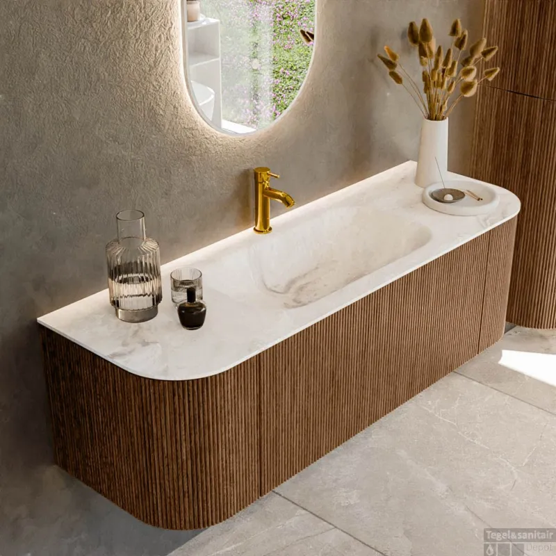 Mondiaz KURVE-DLUX 140 cm Onderkast Greeploos 1 Lade Met Deuren Walnut, Wastafel Solid Surface Midden Frappe 1 Kraangat Zonder Spiegel (KRVBGS140L+R1L2D1KM-Wal/Fra) Voordeelprijs