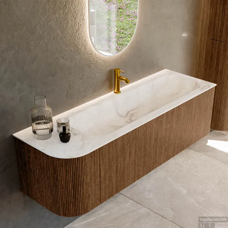Superprijs Mondiaz KURVE-DLUX 145 cm Onderkast Greeploos 1 Lade Met Deuren Walnut, Wastafel Solid Surface Rechts Frappe 1 Kraangat Zonder Spiegel (KRVBGL145L1L1D1KR-Wal/Fra)