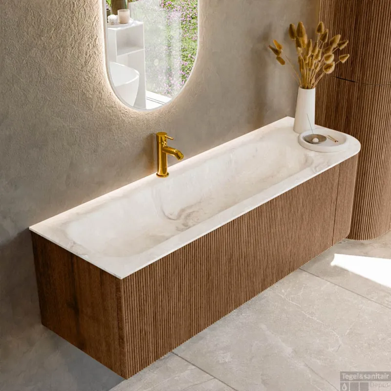 Mondiaz KURVE-DLUX 145 cm Onderkast Greeploos 1 Lade Met Deuren Walnut, Wastafel Solid Surface Links Frappe 1 Kraangat Zonder Spiegel (KRVBGL145R1L1D1KL-Wal/Fra) Gecertificeerd