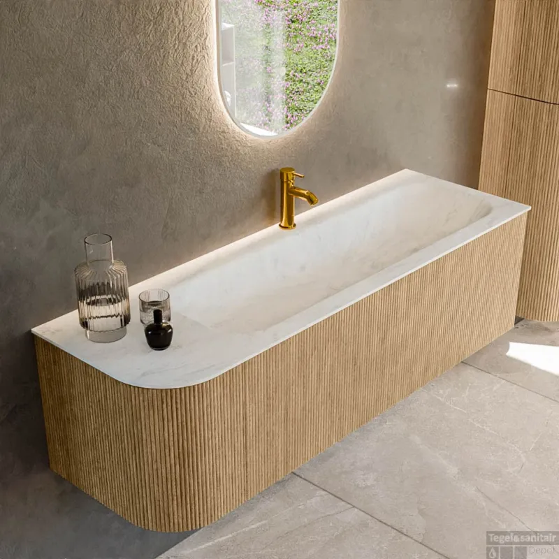 Mondiaz KURVE-DLUX 145 cm Onderkast Greeploos 1 Lade Met Deuren Oak, Wastafel Solid Surface Rechts Opalo 1 Kraangat Zonder Spiegel (KRVBGL145L1L1D1KR-Oak/Opa) Hete Deal