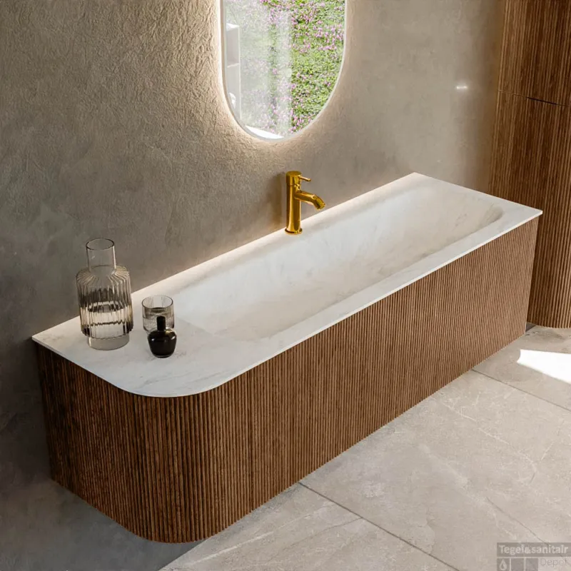 Hoge Kwaliteit Mondiaz KURVE-DLUX 145 cm Onderkast Greeploos 1 Lade Met Deuren Walnut, Wastafel Solid Surface Rechts Opalo 1 Kraangat Zonder Spiegel (KRVBGL145L1L1D1KR-Wal/Opa)
