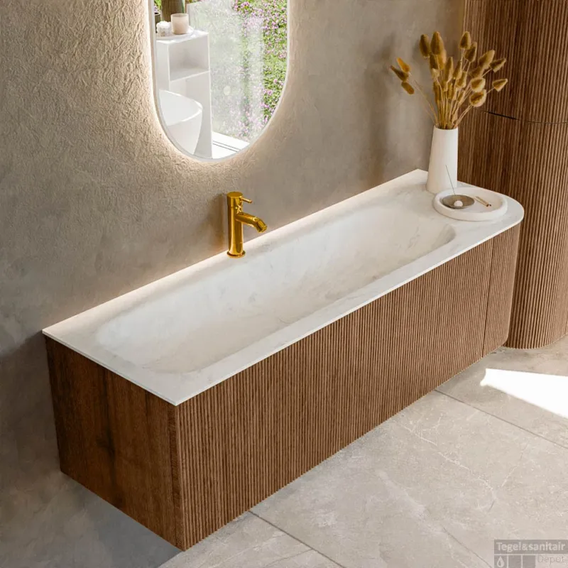 Nieuw Mondiaz KURVE-DLUX 145 cm Onderkast Greeploos 1 Lade Met Deuren Walnut, Wastafel Solid Surface Links Opalo 1 Kraangat Zonder Spiegel (KRVBGL145R1L1D1KL-Wal/Opa)
