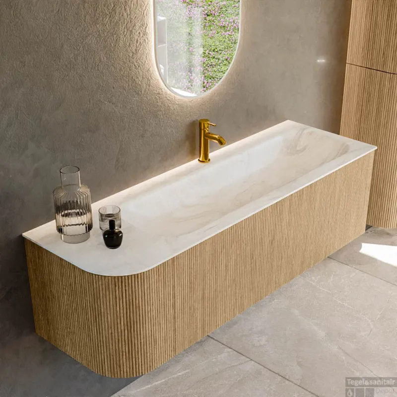 Mondiaz KURVE-DLUX 145 cm Onderkast Greeploos 1 Lade Met Deuren Oak, Wastafel Solid Surface Rechts Ostra 1 Kraangat Zonder Spiegel (KRVBGL145L1L1D1KR-Oak/Ost) Laatste Kans