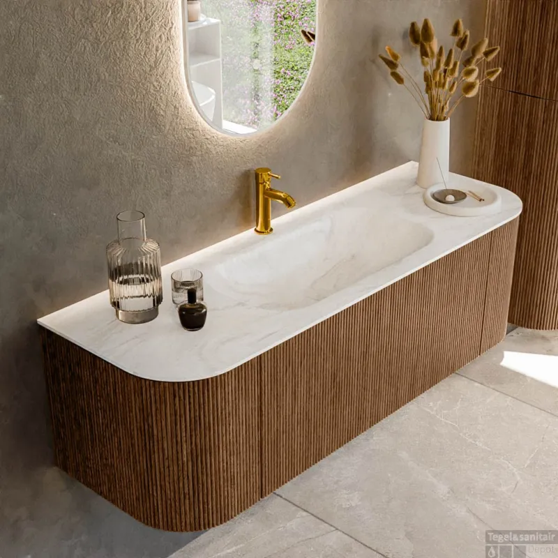 Mondiaz KURVE-DLUX 140 cm Onderkast Greeploos 1 Lade Met Deuren Walnut, Wastafel Solid Surface Midden Ostra 1 Kraangat Zonder Spiegel (KRVBGS140L+R1L2D1KM-Wal/Ost) Exclusieve Aanbieding