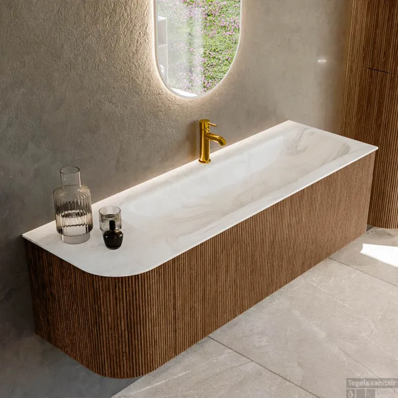 Mondiaz KURVE-DLUX 145 cm Onderkast Greeploos 1 Lade Met Deuren Walnut, Wastafel Solid Surface Rechts Ostra 1 Kraangat Zonder Spiegel (KRVBGL145L1L1D1KR-Wal/Ost) Alleen Vandaag