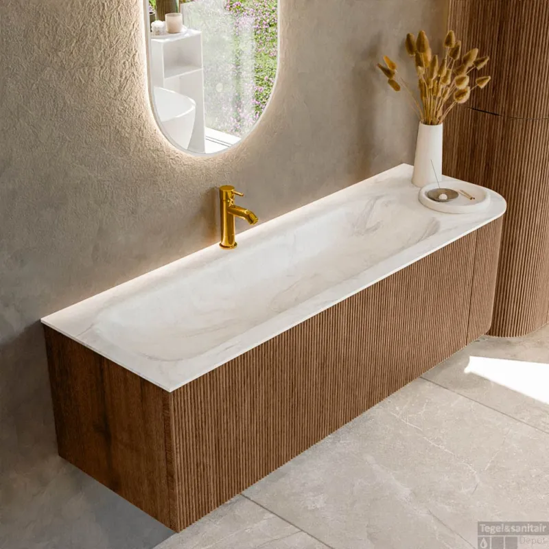 Favoriet Mondiaz KURVE-DLUX 145 cm Onderkast Greeploos 1 Lade Met Deuren Walnut, Wastafel Solid Surface Links Ostra 1 Kraangat Zonder Spiegel (KRVBGL145R1L1D1KL-Wal/Ost)