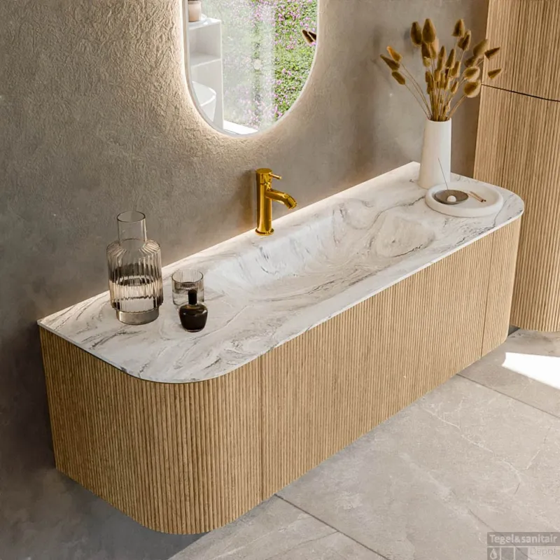 Finale Uitverkoop Mondiaz KURVE-DLUX 140 cm Onderkast Greeploos 1 Lade Met Deuren Oak, Wastafel Solid Surface Midden Glace 1 Kraangat Zonder Spiegel (KRVBGS140L+R1L2D1KM-Oak/Gla)