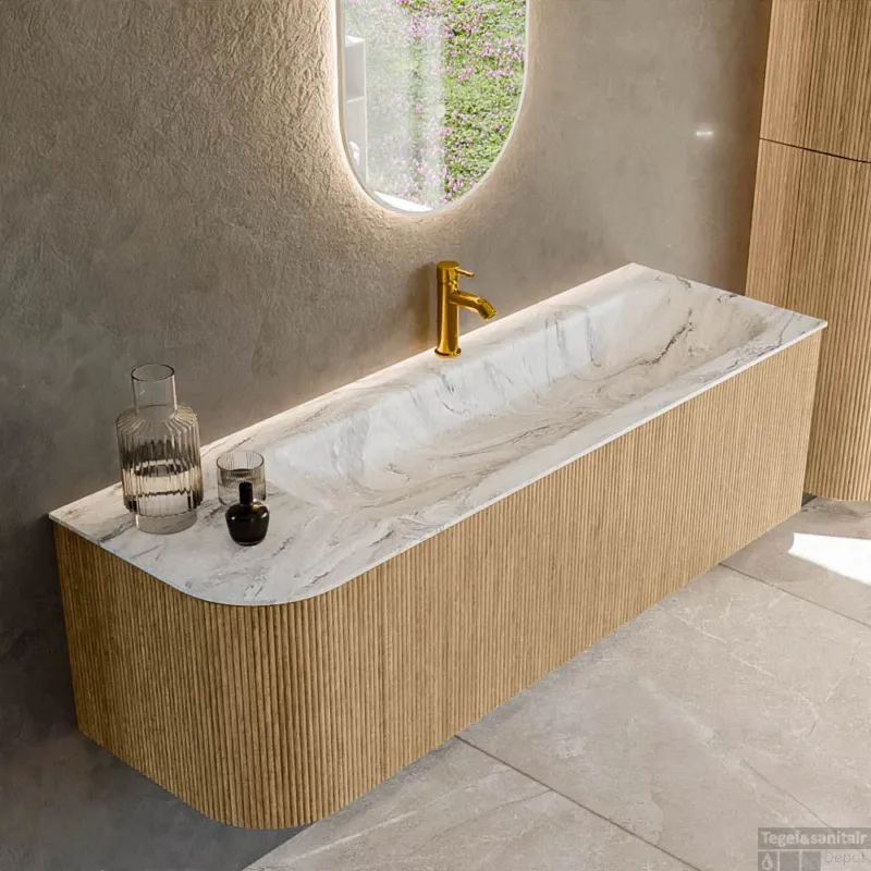 Gereduceerde Prijs Mondiaz KURVE-DLUX 145 cm Onderkast Greeploos 1 Lade Met Deuren Oak, Wastafel Solid Surface Rechts Glace 1 Kraangat Zonder Spiegel (KRVBGL145L1L1D1KR-Oak/Gla)